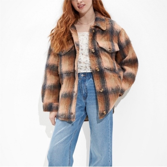 AE American Eagle Outfitters Brushed Plaid Oversized Shacket | Size XXL 2X Plus - Picture 6 of 13
